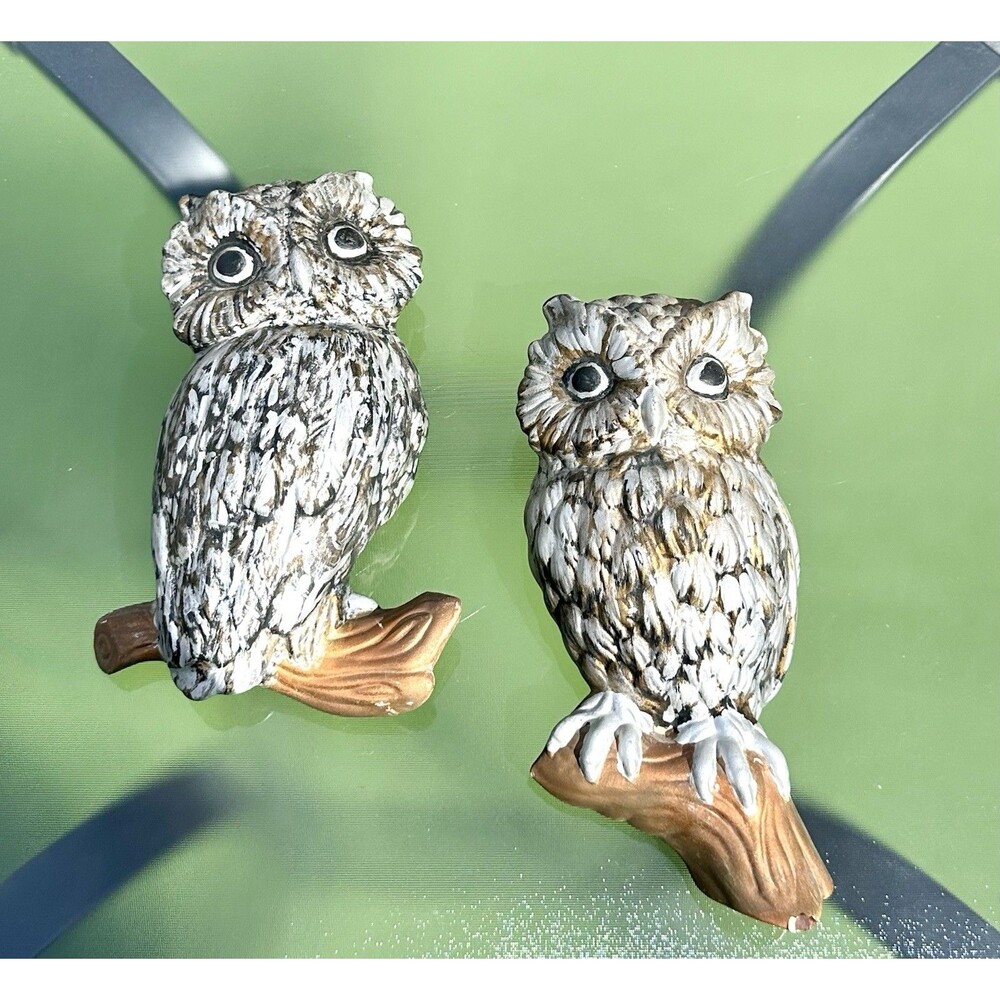 Vintage Owl Set Wall Plaque Hanging Decor Ceramic 10.5” & 11" Boho Retro Signe
